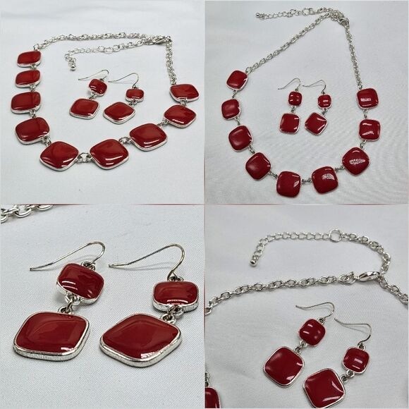 💜Red & Silver Plated Square Necklace & Dangling Earrings - Picture 8 of 16